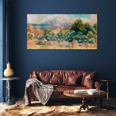 Landscape with trees and a cottage Glass Wall Art