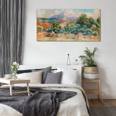 Landscape with trees and a cottage Glass Wall Art