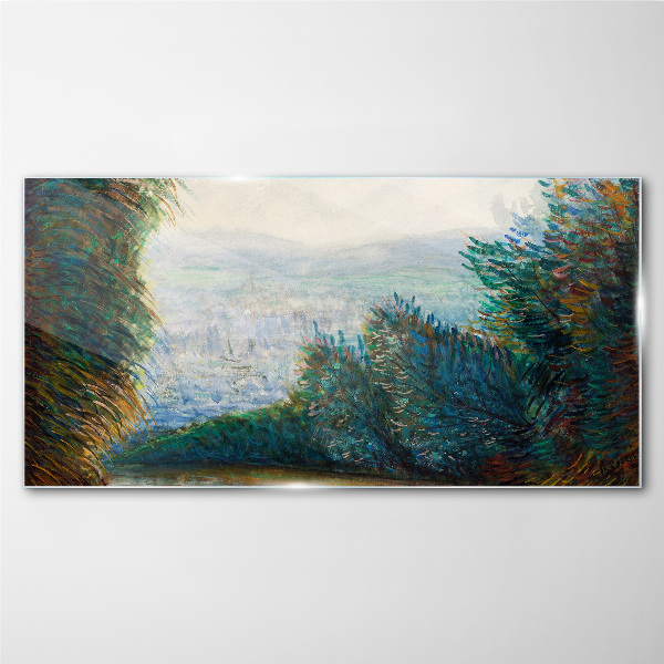Green landscape with fog Glass Wall Art