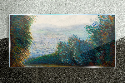 Green landscape with fog Glass Wall Art