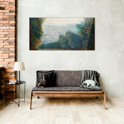 Green landscape with fog Glass Wall Art