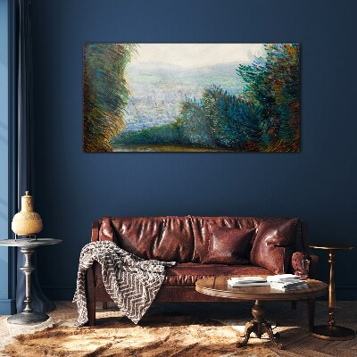 Green landscape with fog Glass Wall Art