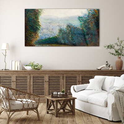 Green landscape with fog Glass Wall Art