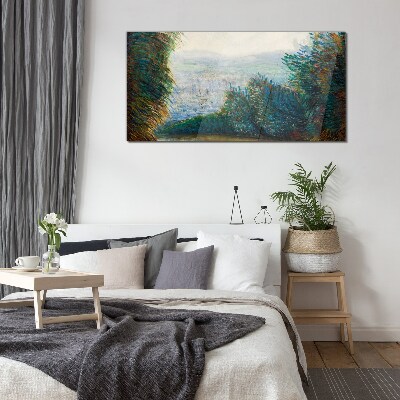 Green landscape with fog Glass Wall Art