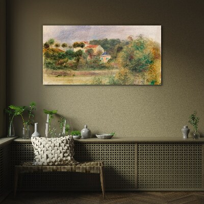 Forest houses sky Glass Wall Art