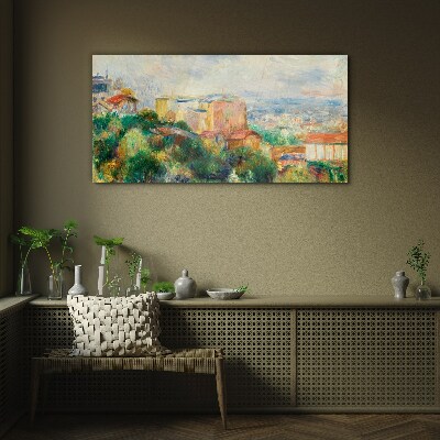 Cityscape in pastel tones Glass Wall Art