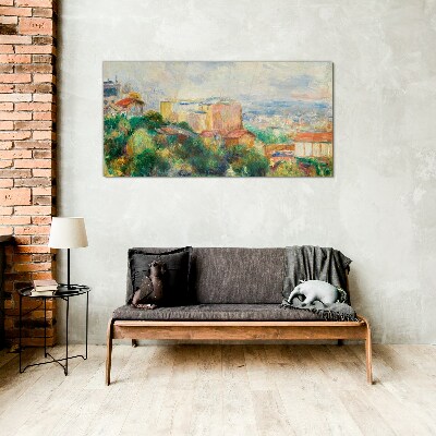 Cityscape in pastel tones Glass Wall Art