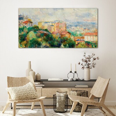 Cityscape in pastel tones Glass Wall Art