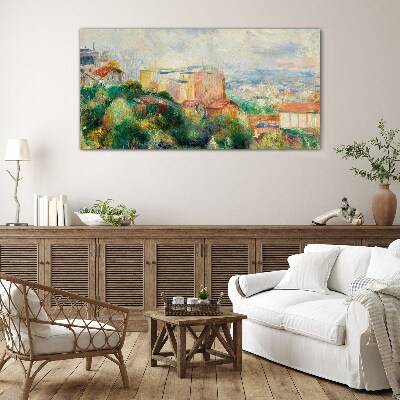 Cityscape in pastel tones Glass Wall Art