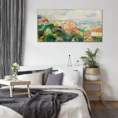 Cityscape in pastel tones Glass Wall Art