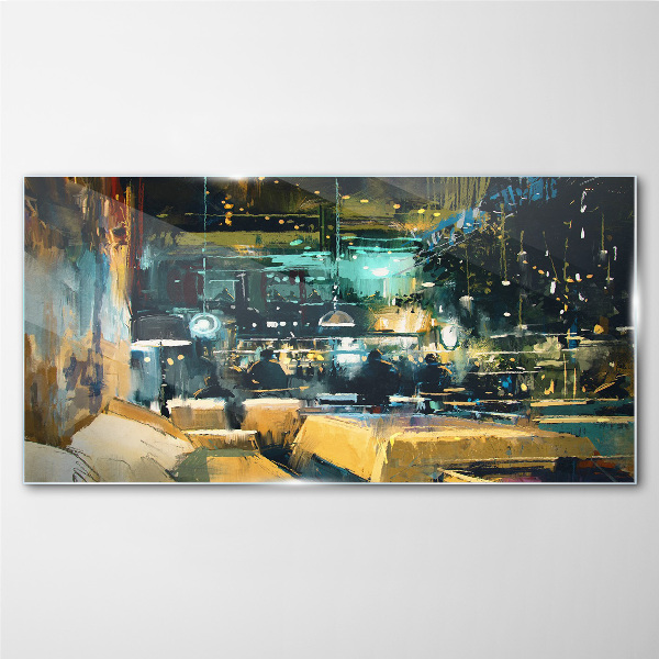 Night atmosphere in the cafe Glass Wall Art