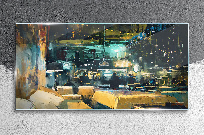 Night atmosphere in the cafe Glass Wall Art