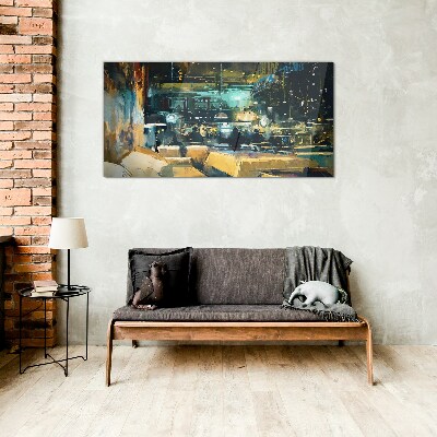 Night atmosphere in the cafe Glass Wall Art