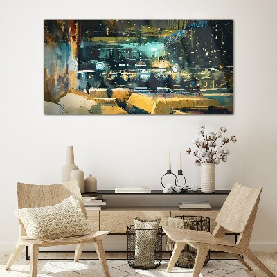 Night atmosphere in the cafe Glass Wall Art
