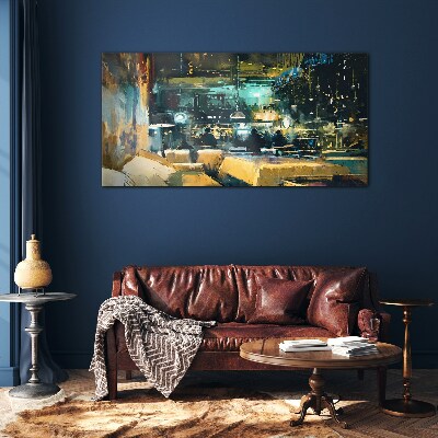 Night atmosphere in the cafe Glass Wall Art
