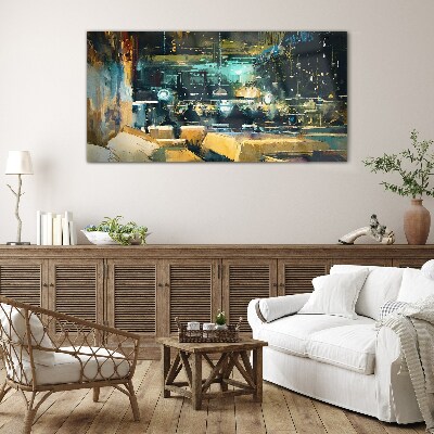 Night atmosphere in the cafe Glass Wall Art