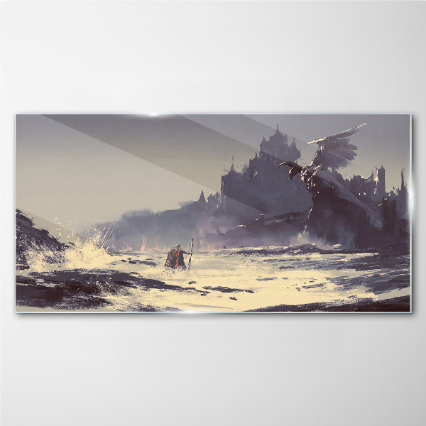 A mystical land among the waves Glass Wall Art