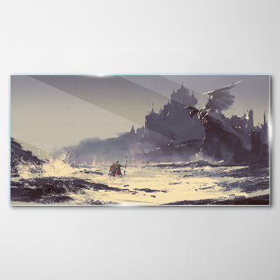 A mystical land among the waves Glass Wall Art