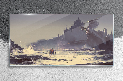 A mystical land among the waves Glass Wall Art