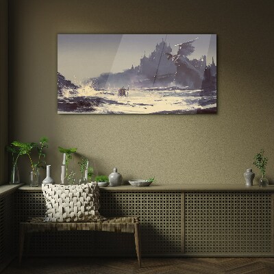 A mystical land among the waves Glass Wall Art