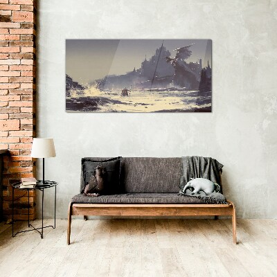 A mystical land among the waves Glass Wall Art