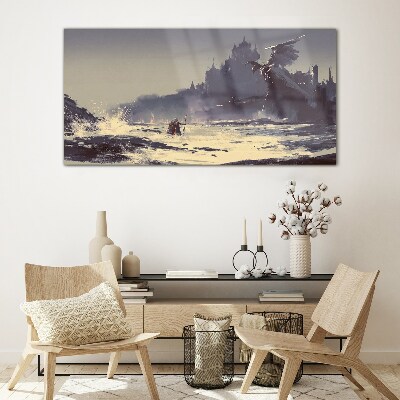A mystical land among the waves Glass Wall Art