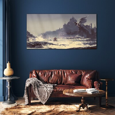 A mystical land among the waves Glass Wall Art