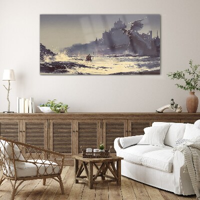 A mystical land among the waves Glass Wall Art