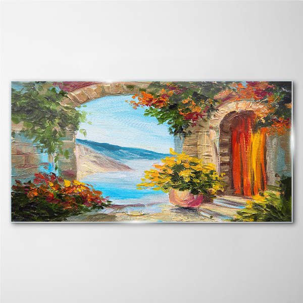 Seaside landscape with flowers Glass Wall Art