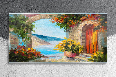 Seaside landscape with flowers Glass Wall Art