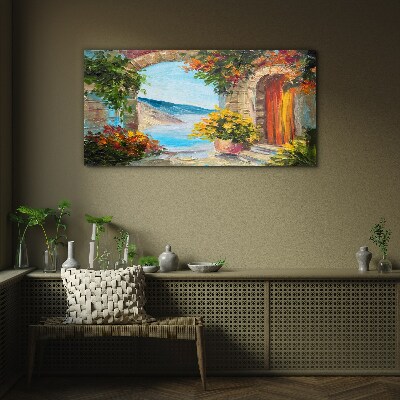 Seaside landscape with flowers Glass Wall Art