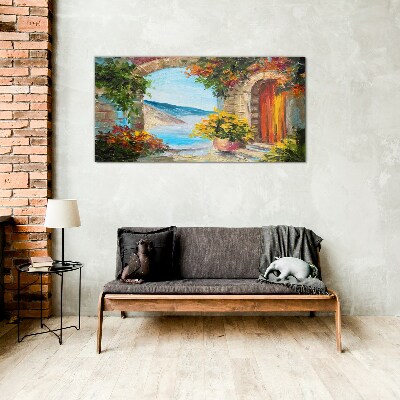 Seaside landscape with flowers Glass Wall Art