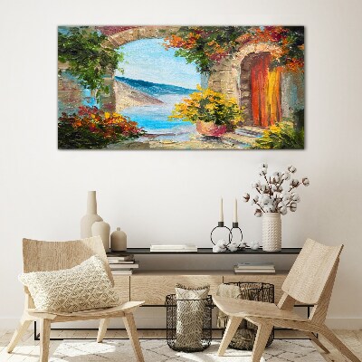 Seaside landscape with flowers Glass Wall Art