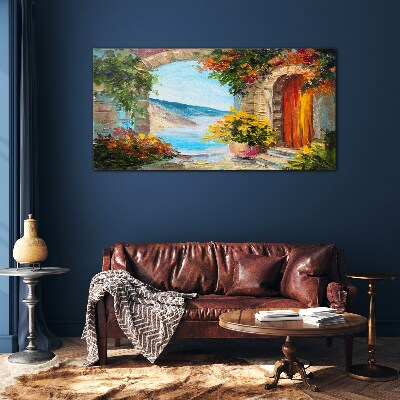 Seaside landscape with flowers Glass Wall Art