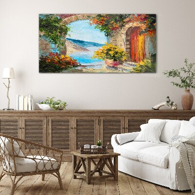 Seaside landscape with flowers Glass Wall Art