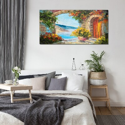 Seaside landscape with flowers Glass Wall Art