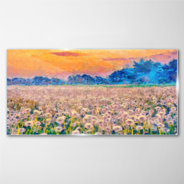 Flower landscape at sunset Glass Wall Art