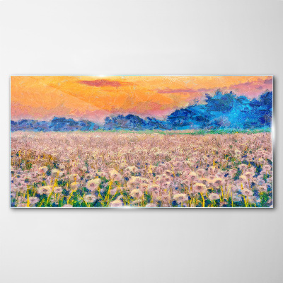 Flower landscape at sunset Glass Wall Art