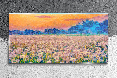 Flower landscape at sunset Glass Wall Art