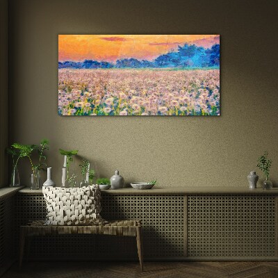 Flower landscape at sunset Glass Wall Art