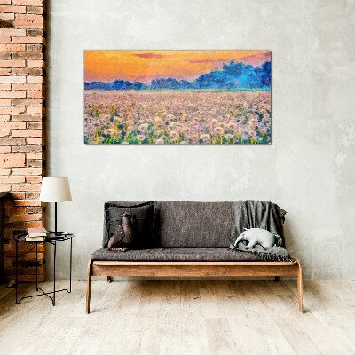 Flower landscape at sunset Glass Wall Art