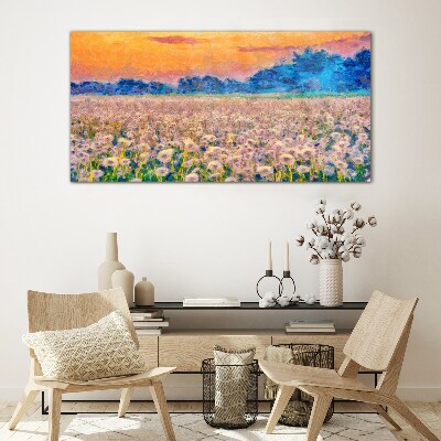 Flower landscape at sunset Glass Wall Art