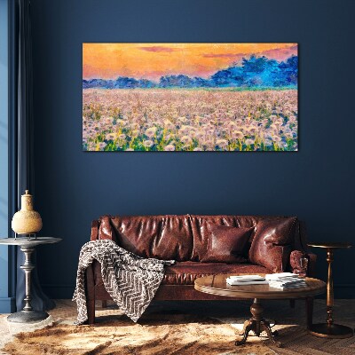 Flower landscape at sunset Glass Wall Art