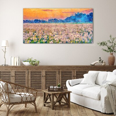Flower landscape at sunset Glass Wall Art