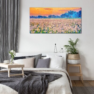 Flower landscape at sunset Glass Wall Art