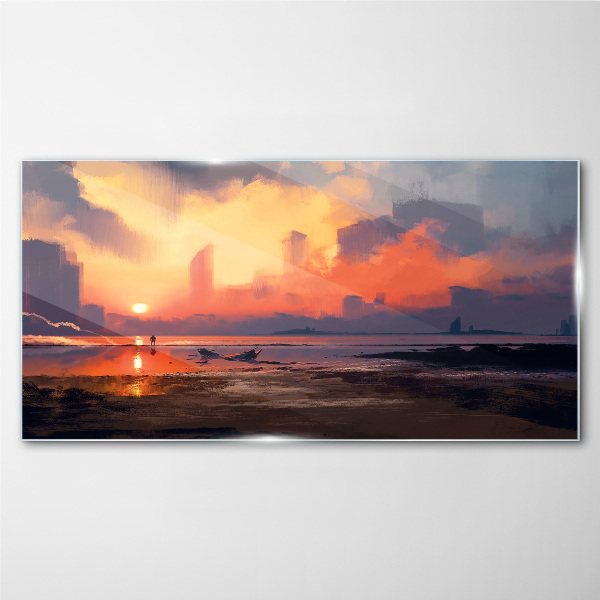 Sunset over the city horizon Glass Wall Art