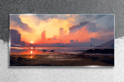 Sunset over the city horizon Glass Wall Art