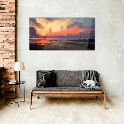 Sunset over the city horizon Glass Wall Art