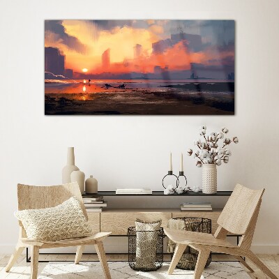 Sunset over the city horizon Glass Wall Art