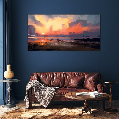 Sunset over the city horizon Glass Wall Art